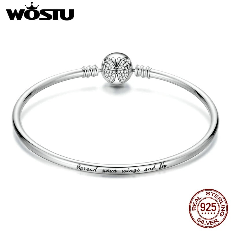WOSTU 925 Sterling Silver Butterfly Bangle – Engraved “Spread Your Wings and Fly” Chain Bracelet Charm for Women CTB084