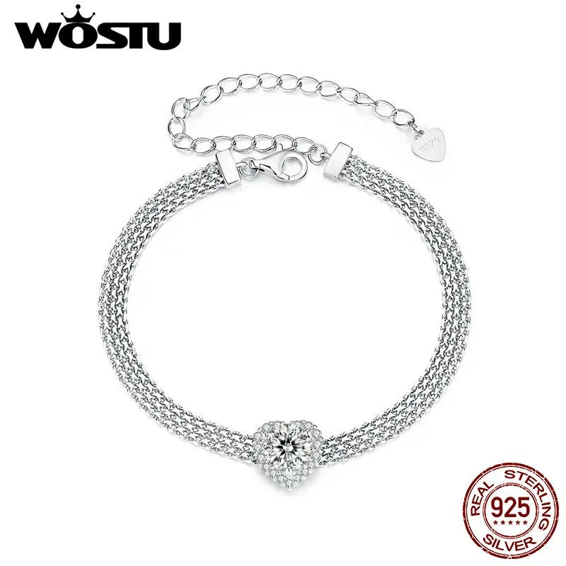 WOSTU 925 Sterling Silver 1CT Moissanite Heart Bracelet – Sparkling Lab Diamond Star Flat Wide Chain Link Jewelry for Women