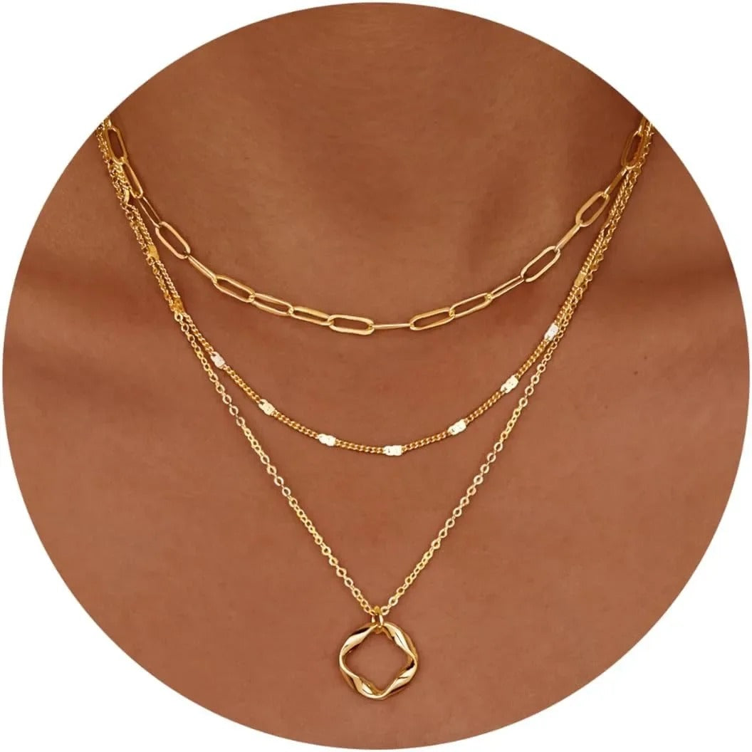 Layered Gold Necklaces for Women – 14K Gold & Silver Plated Circle Pendant Paperclip Chain Choker Necklace Set