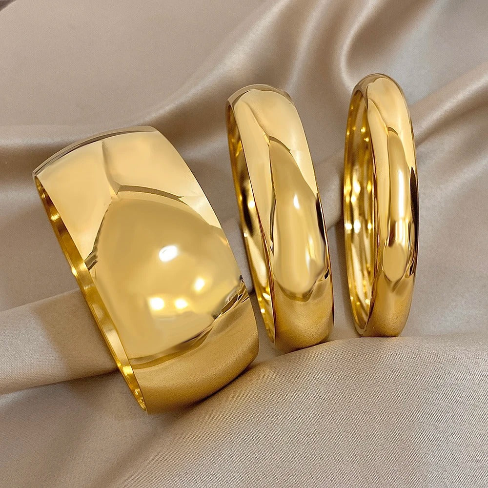 Glossy Gold Plated Stainless Steel Chunky Cuff Bracelet – Unisex Waterproof Smooth Bangle Jewelry (10/15/30mm)