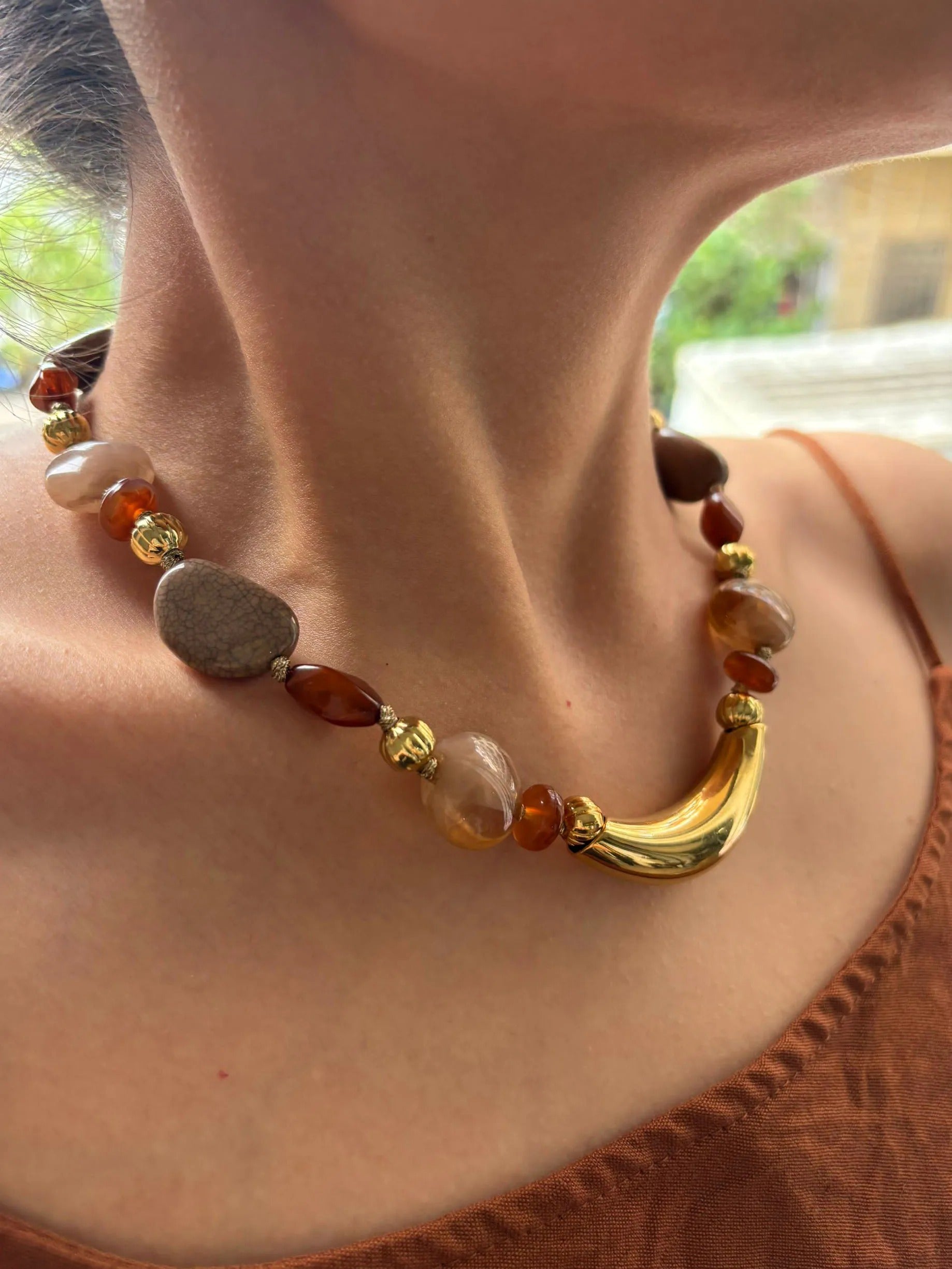 GHIDBK Handmade Resin Beads Choker Necklace – Gold Plated Irregular Tube Chain Jewelry for Women