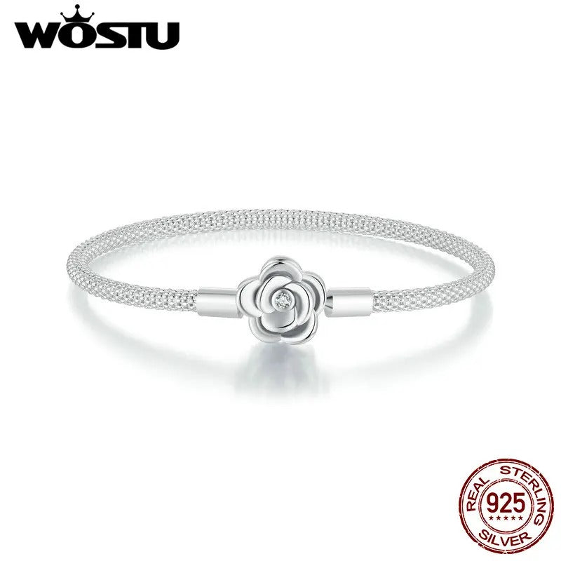 WOSTU 925 Sterling Silver Vintage Rose Flower Bracelet – Women’s Basic Bangle Fit DIY Charms & Beads Wedding Fine Jewelry