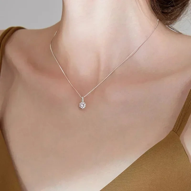 925 Sterling Silver Zircon Round Pendant Necklace – Women’s Rhinestone Clavicle Chain Fashion Jewelry Gift