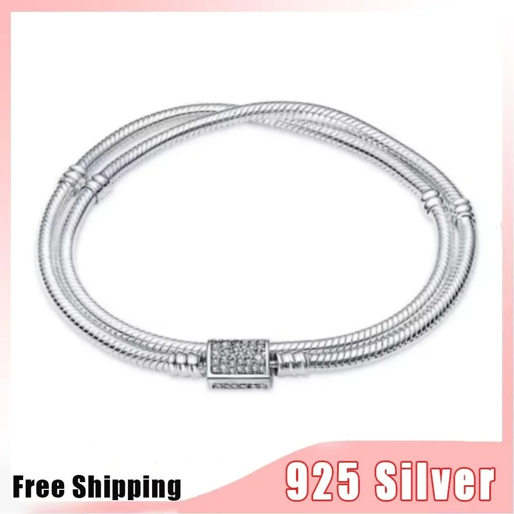 925 Sterling Silver Twofold Bracelet Set with Zircon – Classic Snake Chain, Fits Pandora DIY Charms & Beads for Women