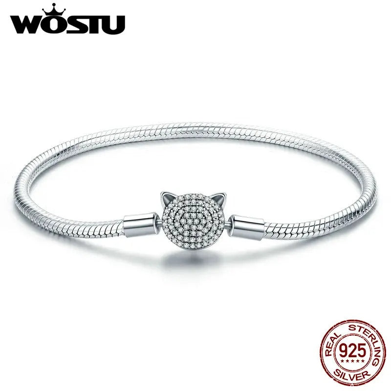WOSTU 925 Sterling Silver Cute Cat CZ Snake Chain Bracelet – Women’s Glittering Charm Bangle Fine Silver Jewelry