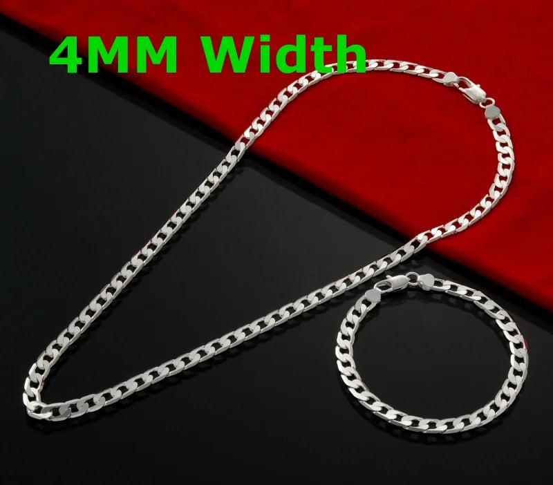 Hot 925 Sterling Silver 4MM Flat Sideways Chain Bracelet & Necklace Set – Unisex Fashion Party Wedding Jewelry Gift