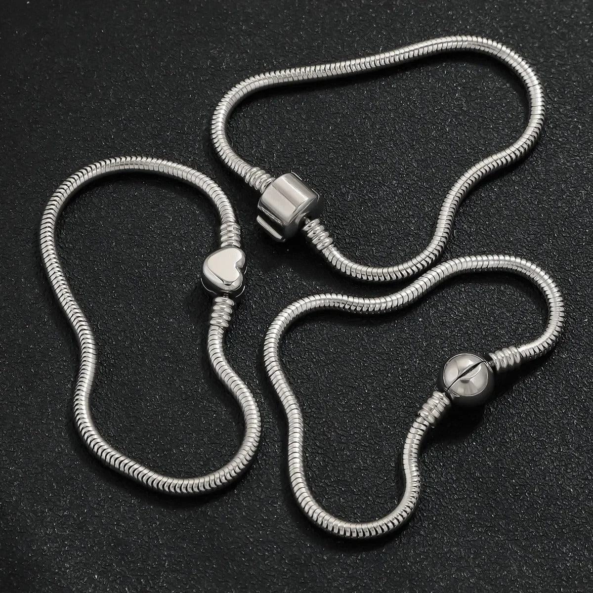Stainless Steel Snake Chain Charm Bracelet with Heart Clasp – DIY Jewelry Making Supplies, Fits Pandora Style Beads & Charms