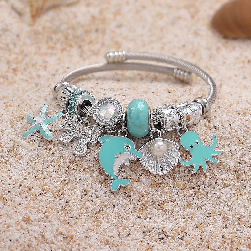Beach Jewelry Stainless Steel Ocean Charm Bracelet – Blue Starfish Pendant, Pandora Style Summer Bracelet for Women