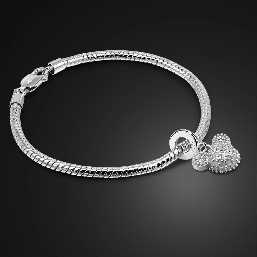Cute Girl 925 Sterling Silver Mickey Bracelet – Simple Fashion Snake Chain Bangle for Teen & Women Charm Jewelry Gift