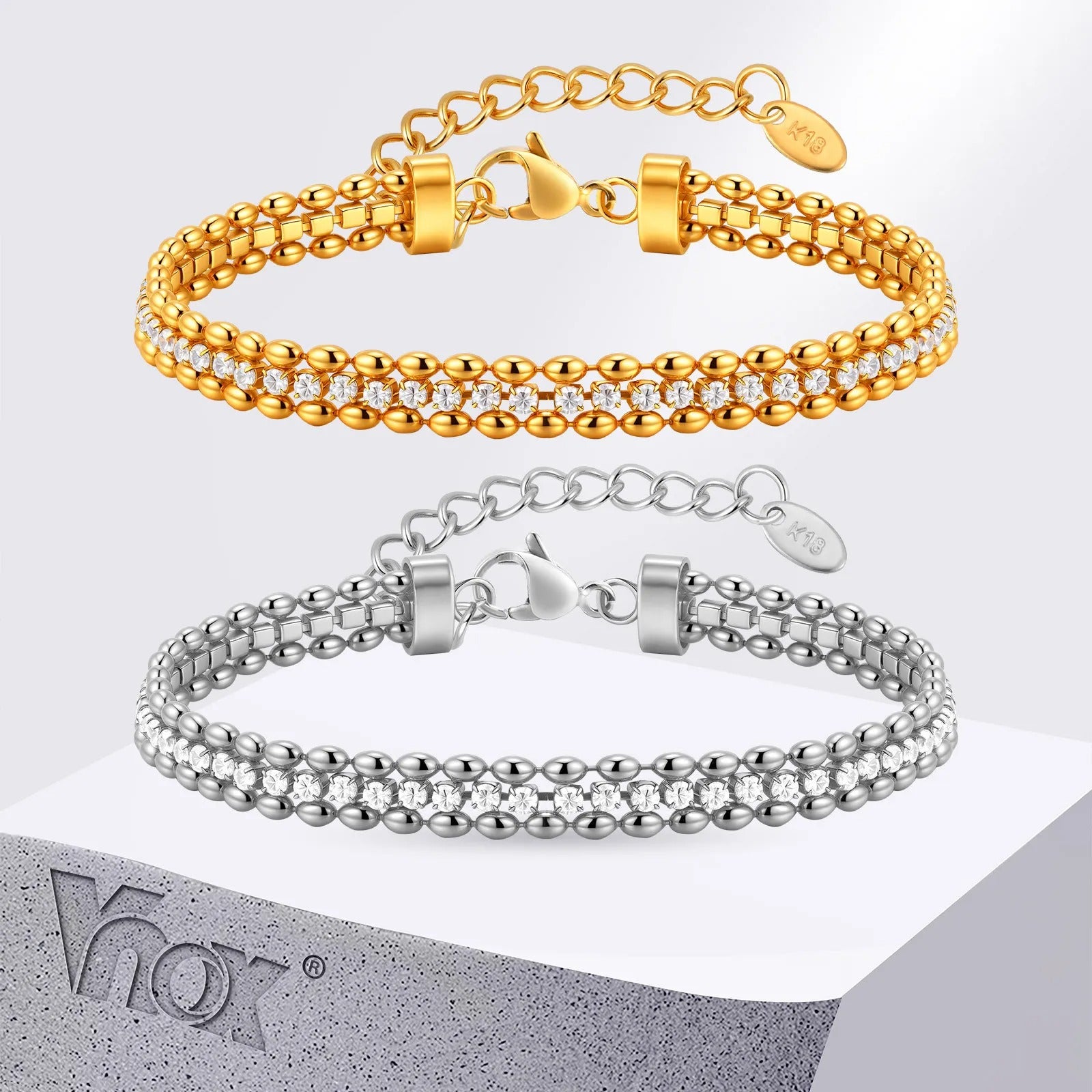 Vnox Women’s Gold & Silver Woven Cubic Zirconia Bracelet – Stainless Steel Double Beads Chain Charm Jewelry