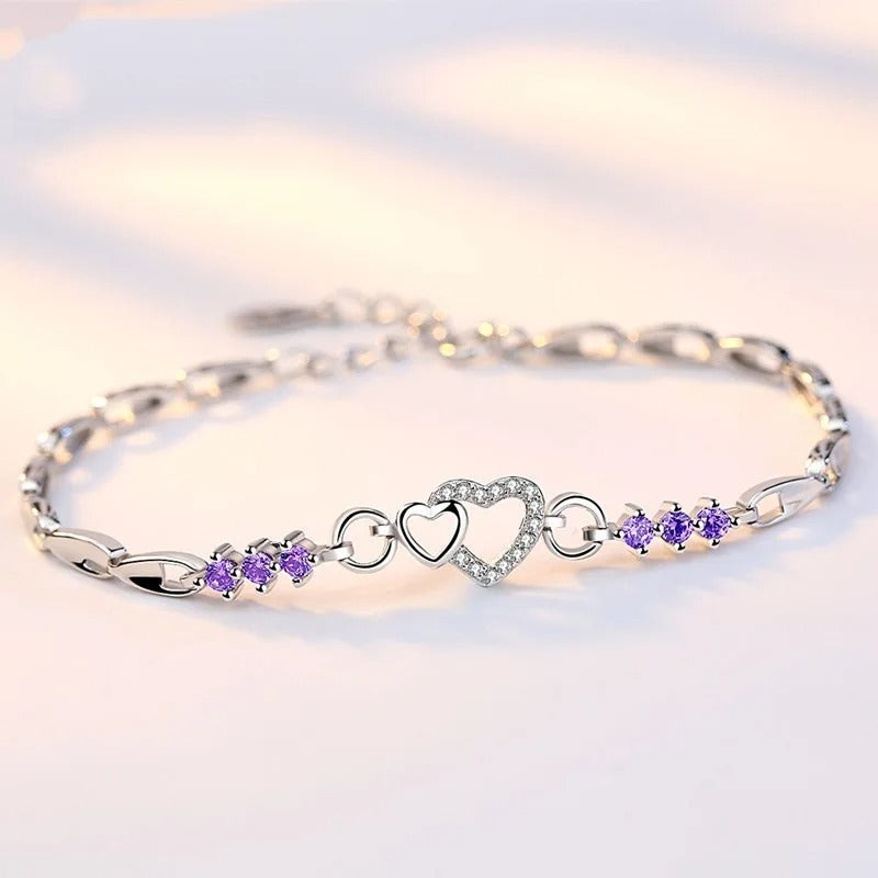 925 Sterling Silver Purple Crystal Zircon Heart Charm Bracelet – Women’s Elegant Jewelry Gift