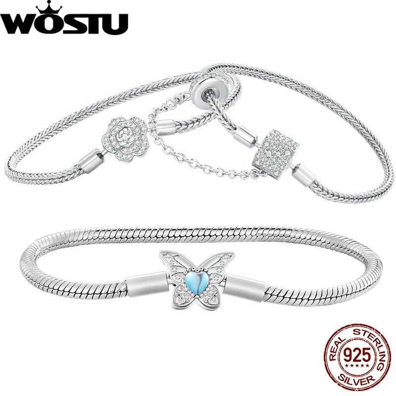 WOSTU 925 Sterling Silver Heart-Shaped Moonstone Butterfly Bracelet – Women’s DIY Charm Bangle Jewelry Gift