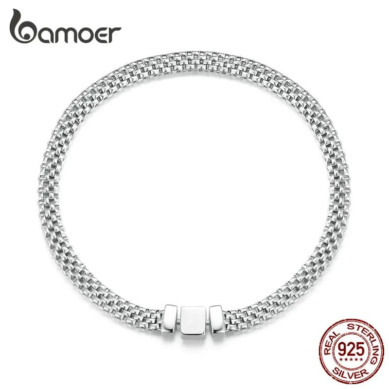 Bamoer 925 Sterling Silver Classic Square Buckle Bracelet – Retro Braided Silver Chain Link Women’s Platinum Plated Jewelry