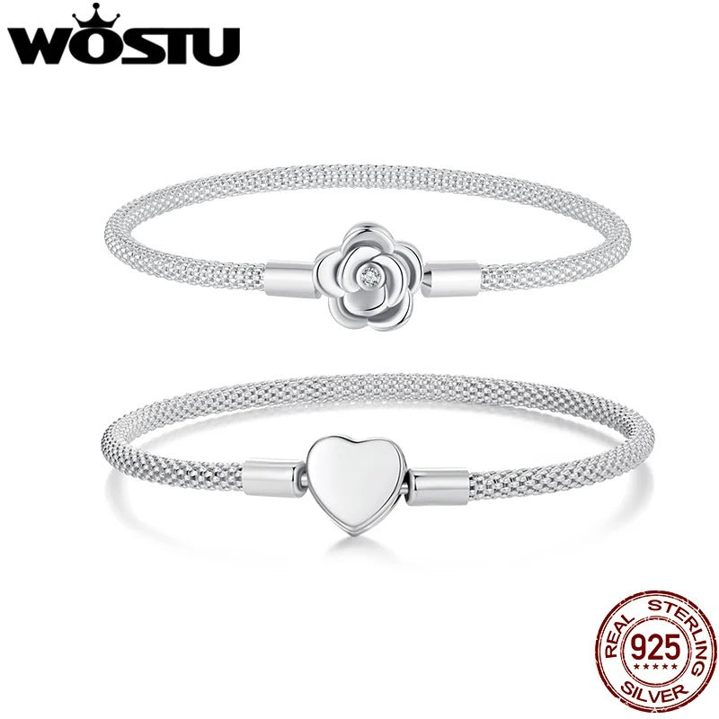 WOSTU 925 Sterling Silver Vintage Rose Flower Heart Bangle – Love Charm Bracelet for Women Valentine & Mother’s Day Gift