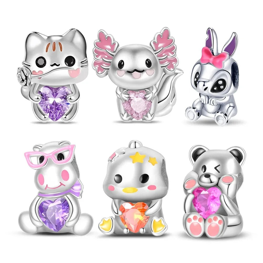 925 Sterling Silver Pink Cat & Duck Cartoon Charm Bead – Cute DIY Jewelry Fits Original Pandora Bracelets for Women