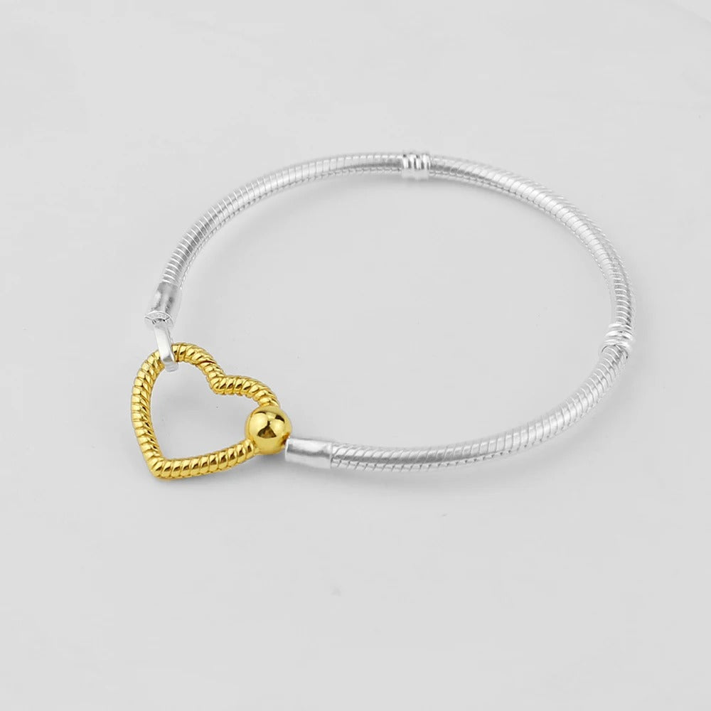 925 Sterling Silver Snake Chain Bracelet with Heart Clasp & Zircon | Fits Pandora Charms & DIY Beads for Women
