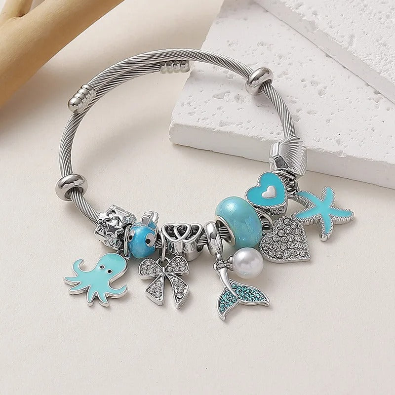 Beach Jewelry Stainless Steel Ocean Charm Bracelet – Blue Starfish Pendant, Pandora Style Summer Bracelet for Women