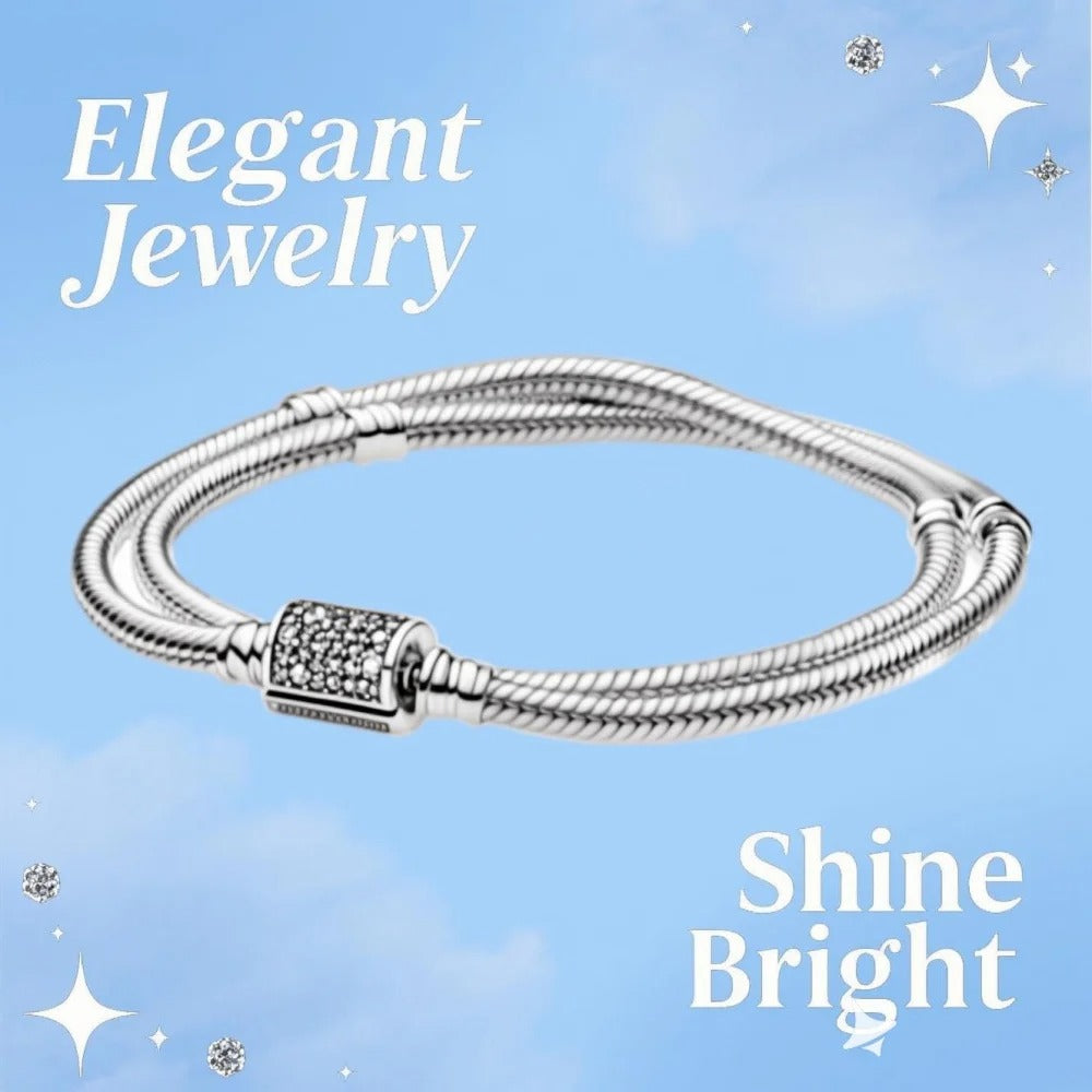 925 Sterling Silver Twofold Bracelet Set with Zircon – Classic Snake Chain, Fits Pandora DIY Charms & Beads for Women