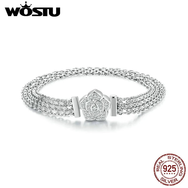 WOSTU 925 Sterling Silver Rose Flat Chain Bracelet – Sparkling Zirconia Flower Charm Bangle for Women Birthday Gift