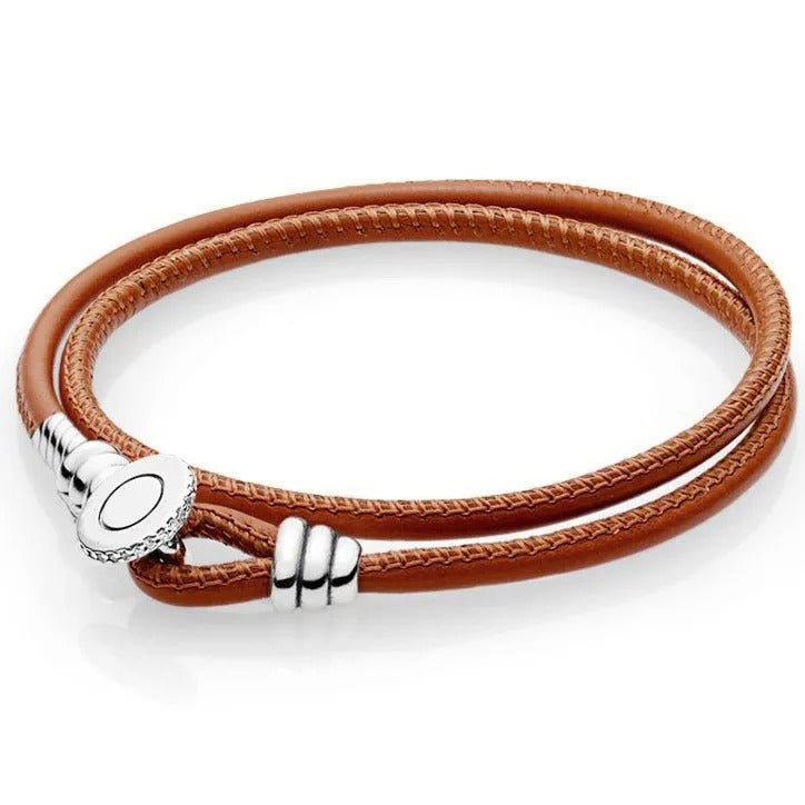Original Multicolor Double Leather Bracelet with Logo Button Clasp – Fits Pandora 925 Sterling Silver Charms & Beads DIY Jewelry