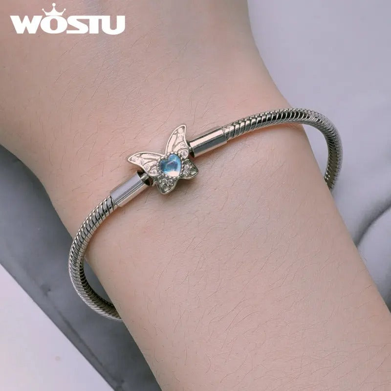 WOSTU 925 Sterling Silver Heart-Shaped Moonstone Butterfly Bracelet – Women’s DIY Charm Bangle Jewelry Gift
