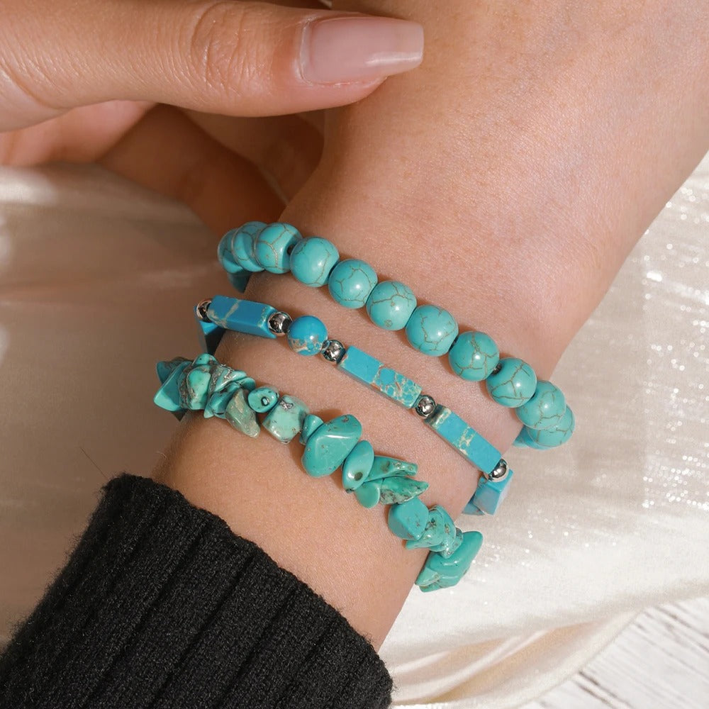 3pcs Bohemian Ethnic Style Turquoise Bead Bracelet Set – Retro Irregular Beads, Couple Jewelry Gift, Pandora Charm Compatible