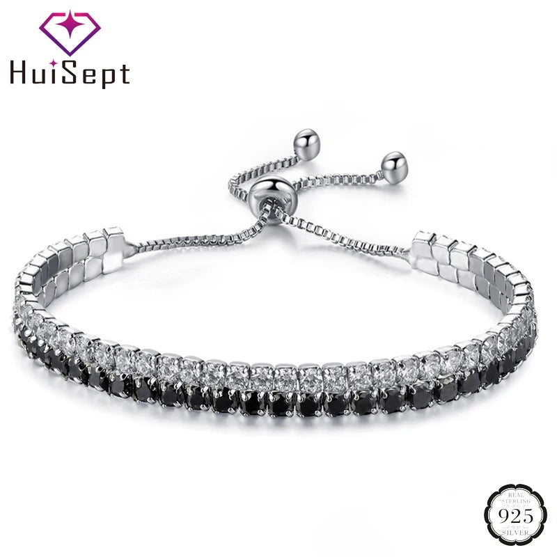 HuiSept 925 Sterling Silver Adjustable Bracelet – Women’s Wedding Jewelry with Cubic Zircon Gemstone