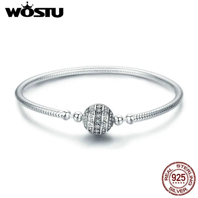 WOSTU 925 Sterling Silver Sparkling Ball Bracelet – Women’s Bangle Fit DIY Charms & Beads Original Jewelry Gift CQB062