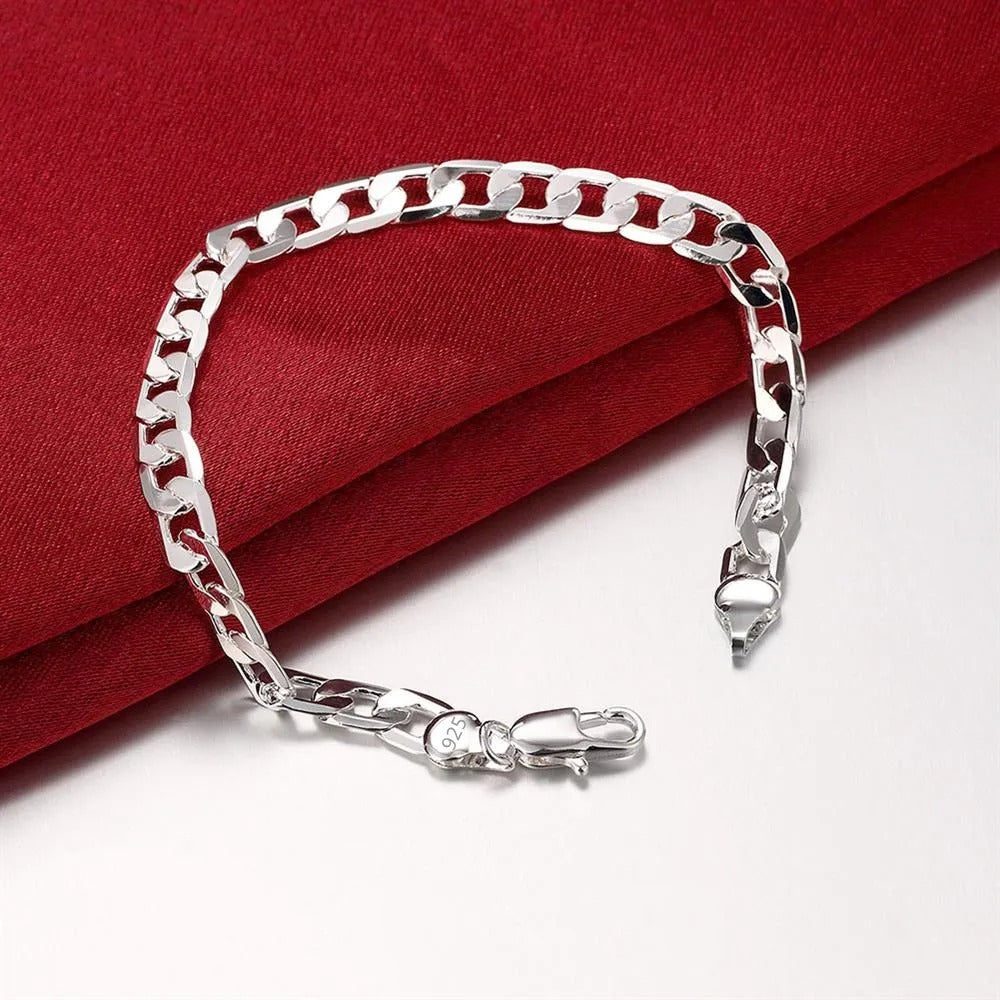 Hot 925 Sterling Silver 4MM Flat Sideways Chain Bracelet & Necklace Set – Unisex Fashion Party Wedding Jewelry Gift