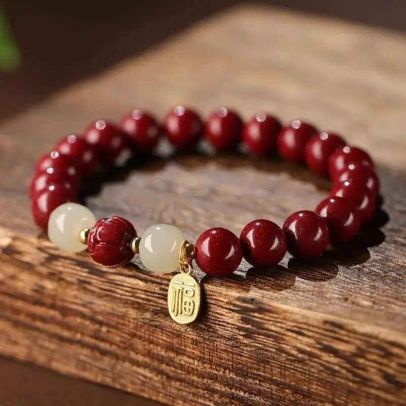 Natural Cinnabar Lotus Purple-Gold Wealth Bracelet – Upscale Jewelry Gift, Fits Pandora Style Charms