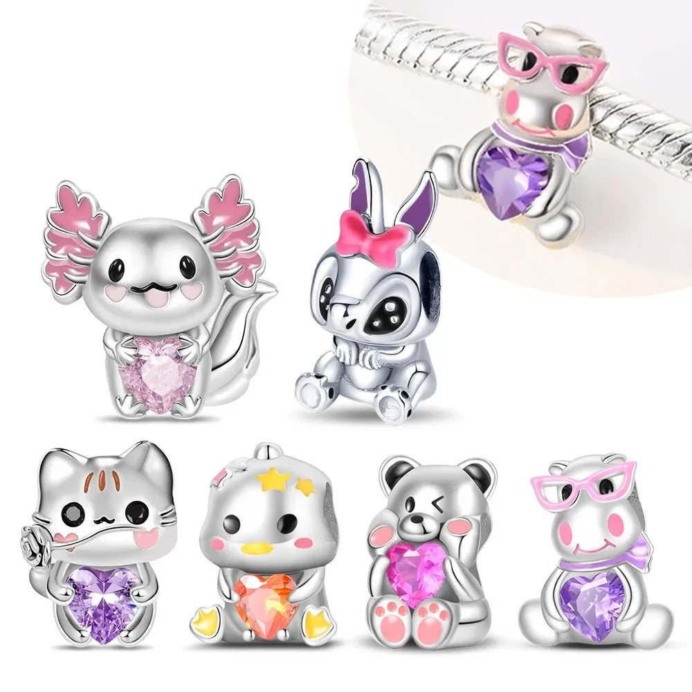 925 Sterling Silver Pink Cat & Duck Cartoon Charm Bead – Cute DIY Jewelry Fits Original Pandora Bracelets for Women