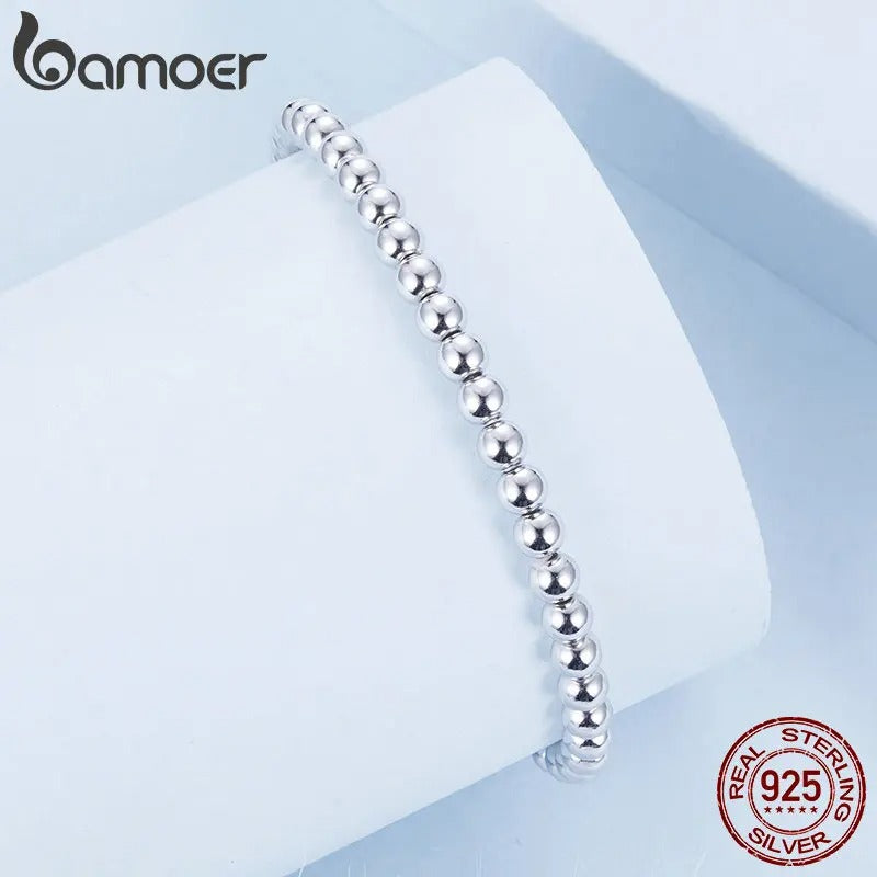 Bamoer 925 Sterling Silver Bead Ball Bracelet – Stretchable Elastic White Gold Plated Stackable Bracelet for Women BSB175