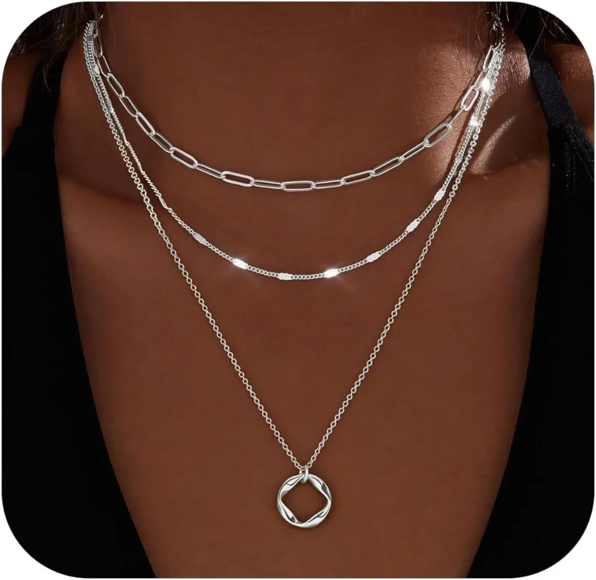 Layered Gold Necklaces for Women – 14K Gold & Silver Plated Circle Pendant Paperclip Chain Choker Necklace Set