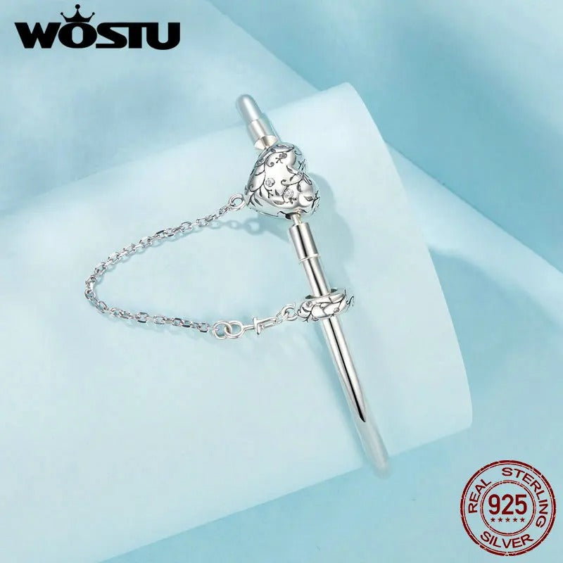 WOSTU 925 Sterling Silver Retro Heart Safety Chain Bracelet – Women’s DIY Zircon Bangle Jewelry Gift