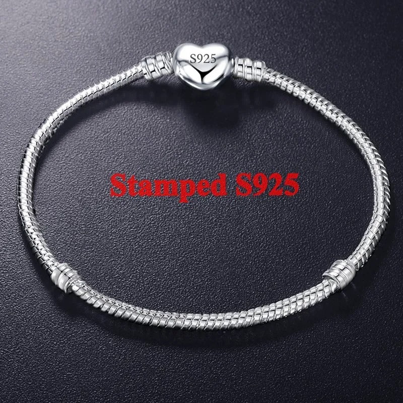 Handmade 925 Sterling Silver Charm Bracelet with Heart Clasp – Smooth Bangle for Women & Men, DIY Jewelry 16–23cm