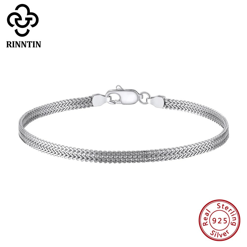 Rinntin 925 Sterling Silver 2.8mm Flat Mesh Chain Bracelet – Unisex Simple Bangle Chain Daily Wear Jewelry SB216