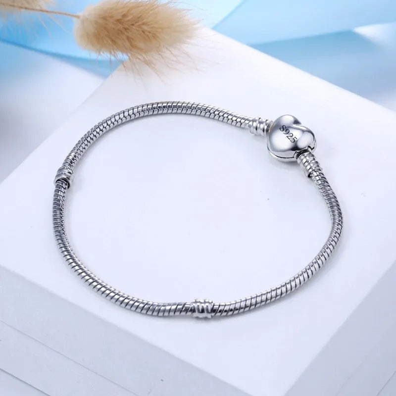 Handmade 925 Sterling Silver Charm Bracelet with Heart Clasp – Smooth Bangle for Women & Men, DIY Jewelry 16–23cm