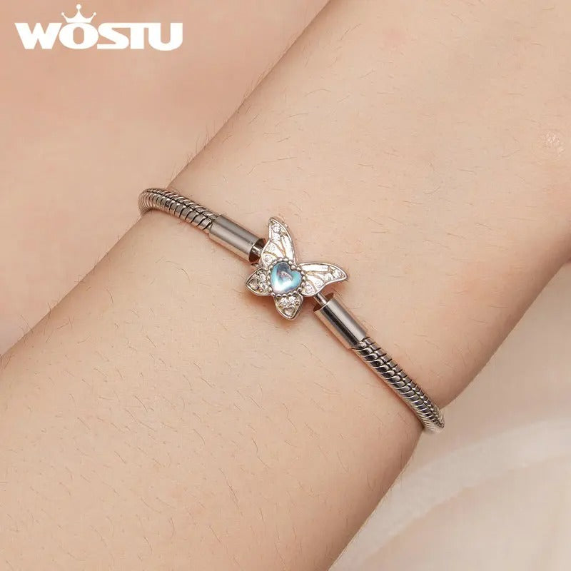 WOSTU 925 Sterling Silver Heart-Shaped Moonstone Butterfly Bracelet – Women’s DIY Charm Bangle Jewelry Gift