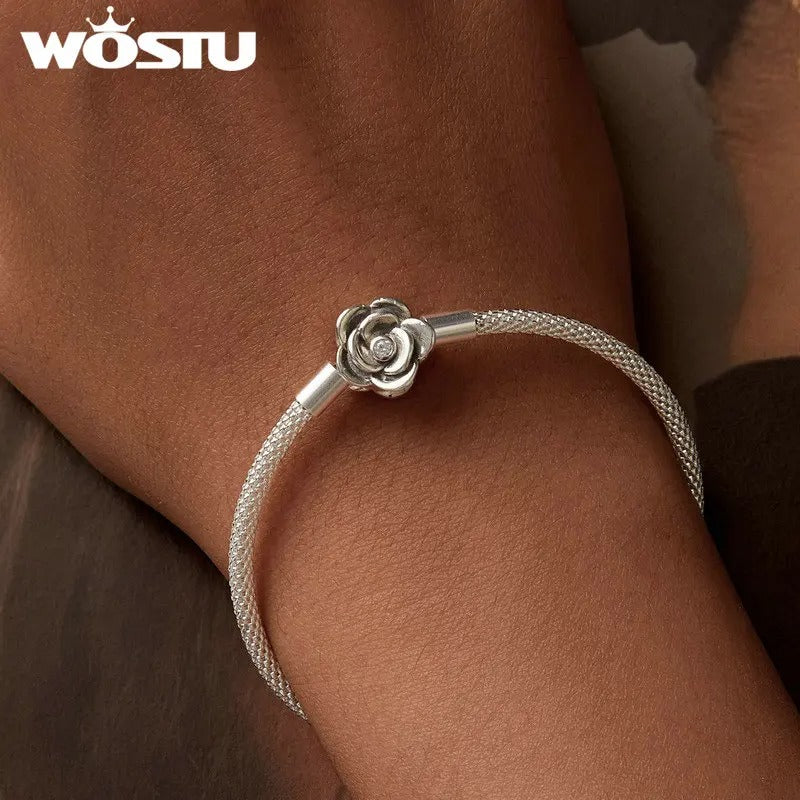 WOSTU 925 Sterling Silver Vintage Rose Flower Bracelet – Women’s Basic Bangle Fit DIY Charms & Beads Wedding Fine Jewelry