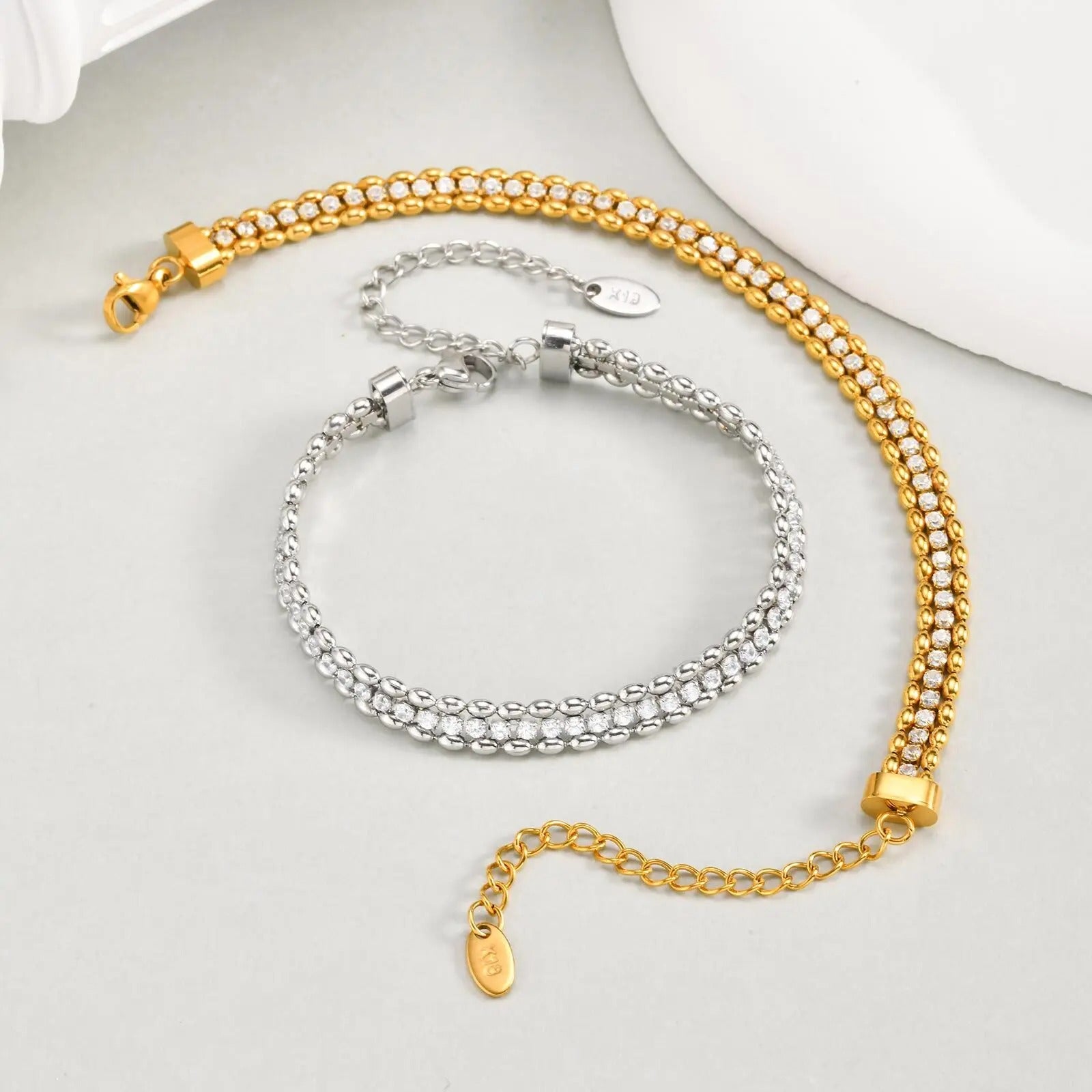 Vnox Women’s Gold & Silver Woven Cubic Zirconia Bracelet – Stainless Steel Double Beads Chain Charm Jewelry