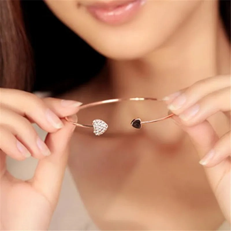 Woozu Adjustable Crystal Double Heart Bow Cuff Bracelet – Women’s Fashion Jewelry Gift Pulsera Mujer