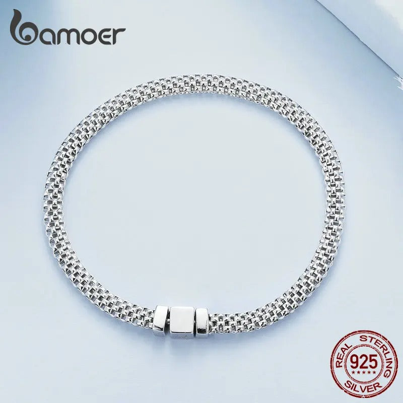 Bamoer 925 Sterling Silver Classic Square Buckle Bracelet – Retro Braided Silver Chain Link Women’s Platinum Plated Jewelry