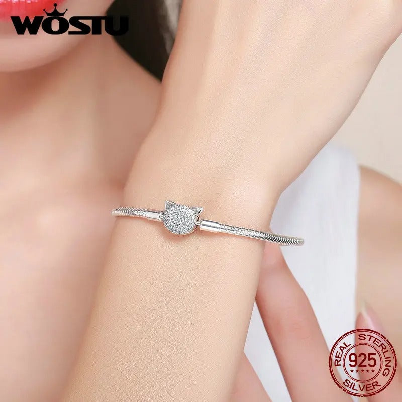 WOSTU 925 Sterling Silver Cute Cat CZ Snake Chain Bracelet – Women’s Glittering Charm Bangle Fine Silver Jewelry