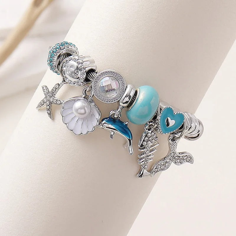 Beach Jewelry Stainless Steel Ocean Charm Bracelet – Blue Starfish Pendant, Pandora Style Summer Bracelet for Women