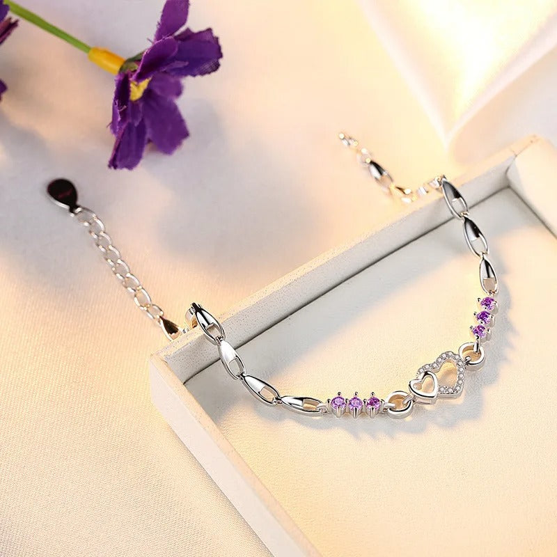 925 Sterling Silver Purple Crystal Zircon Heart Charm Bracelet – Women’s Elegant Jewelry Gift