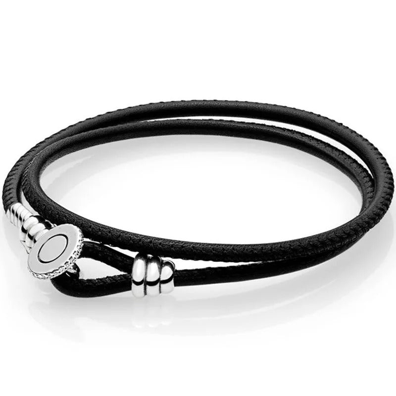 Original Multicolor Double Leather Bracelet with Logo Button Clasp – Fits Pandora 925 Sterling Silver Charms & Beads DIY Jewelry