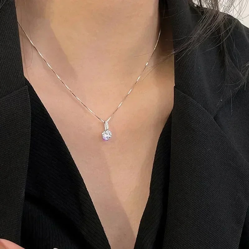 925 Sterling Silver Zircon Round Pendant Necklace – Women’s Rhinestone Clavicle Chain Fashion Jewelry Gift
