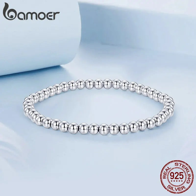 Bamoer 925 Sterling Silver Bead Ball Bracelet – Stretchable Elastic White Gold Plated Stackable Bracelet for Women BSB175