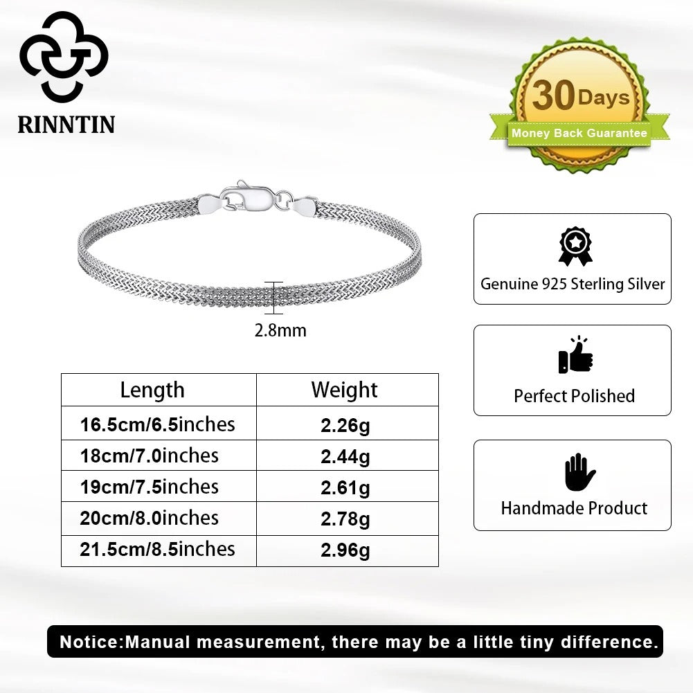 Rinntin 925 Sterling Silver 2.8mm Flat Mesh Chain Bracelet – Unisex Simple Bangle Chain Daily Wear Jewelry SB216