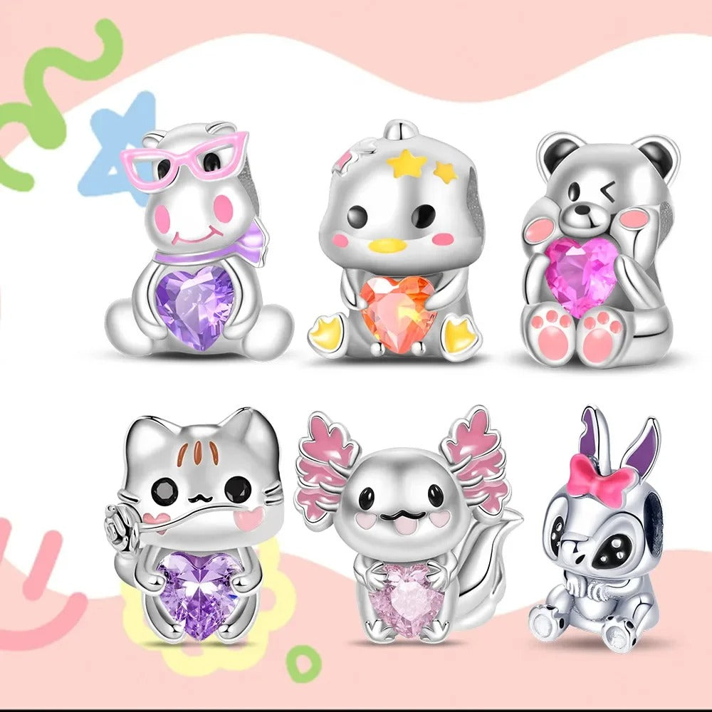 925 Sterling Silver Pink Cat & Duck Cartoon Charm Bead – Cute DIY Jewelry Fits Original Pandora Bracelets for Women